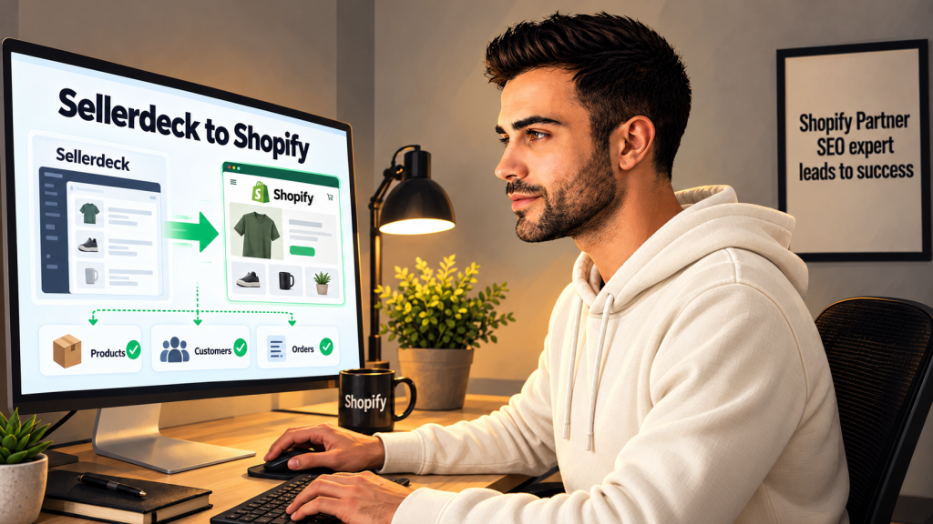 Man at computer reading web page about migrating from Sellerdeck to Shopify